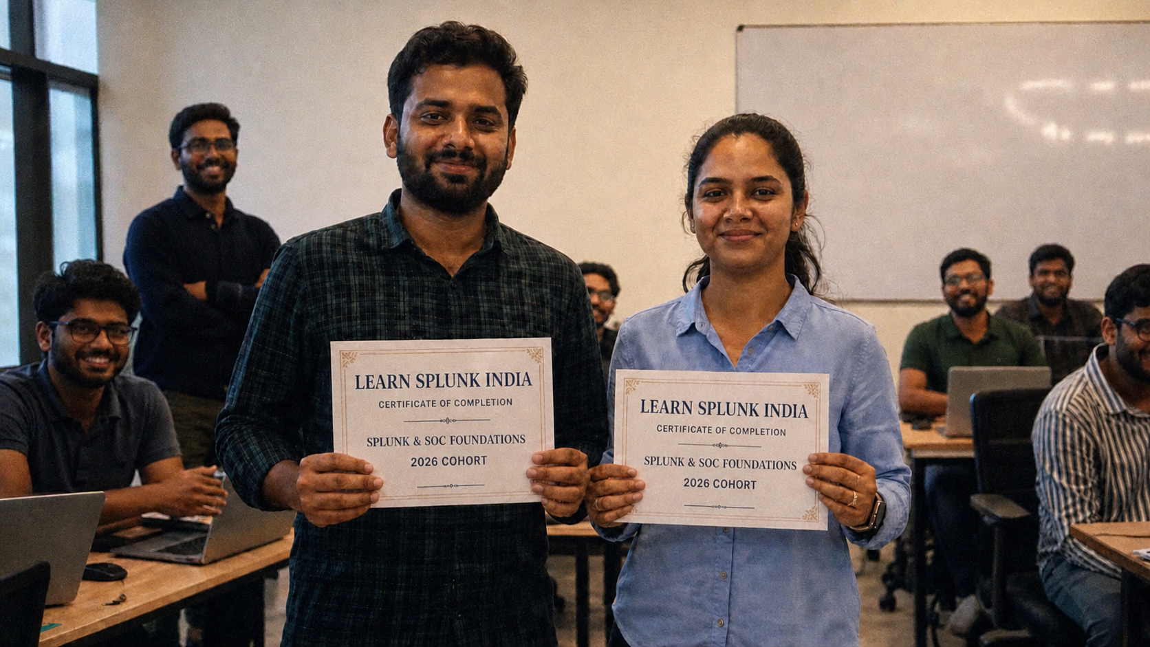 Learn Splunk India learners holding course certificates