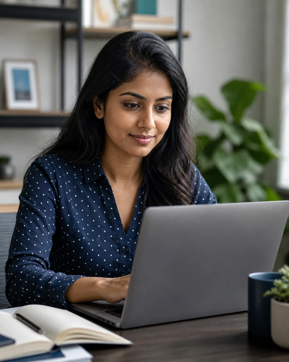 A woman developing technical skills on a laptop